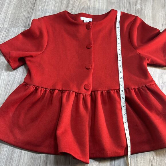H&M Scuba Peplum Holiday Red Festive Button Down Blazer Top Size Medium - Picture 6 of 8